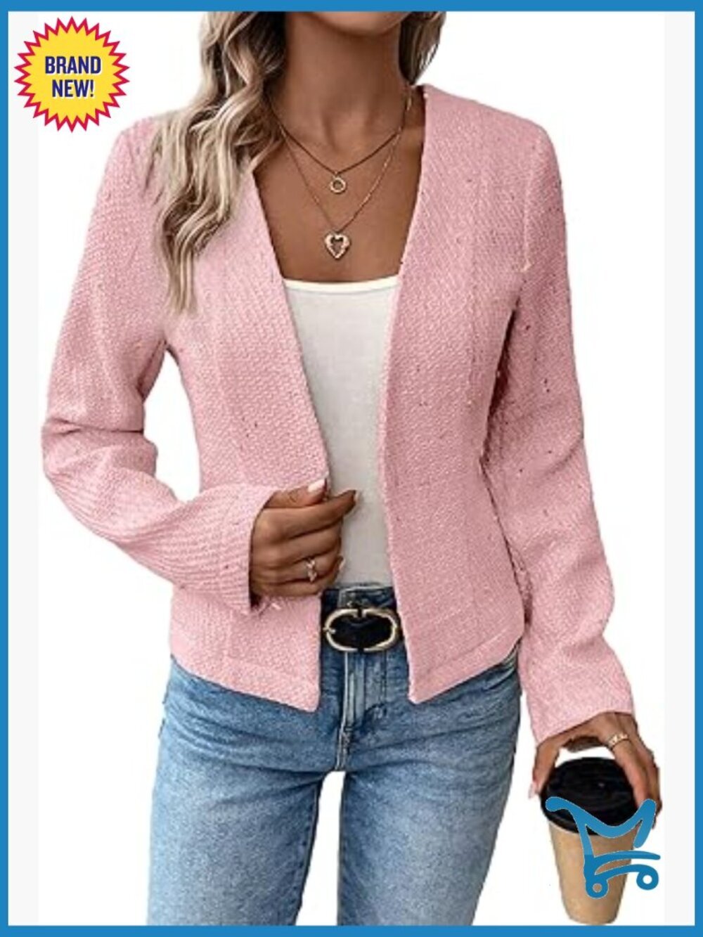 Tweed Blazer Jacket - Collarless Open Front Fully Lined Fitted Fashion Business